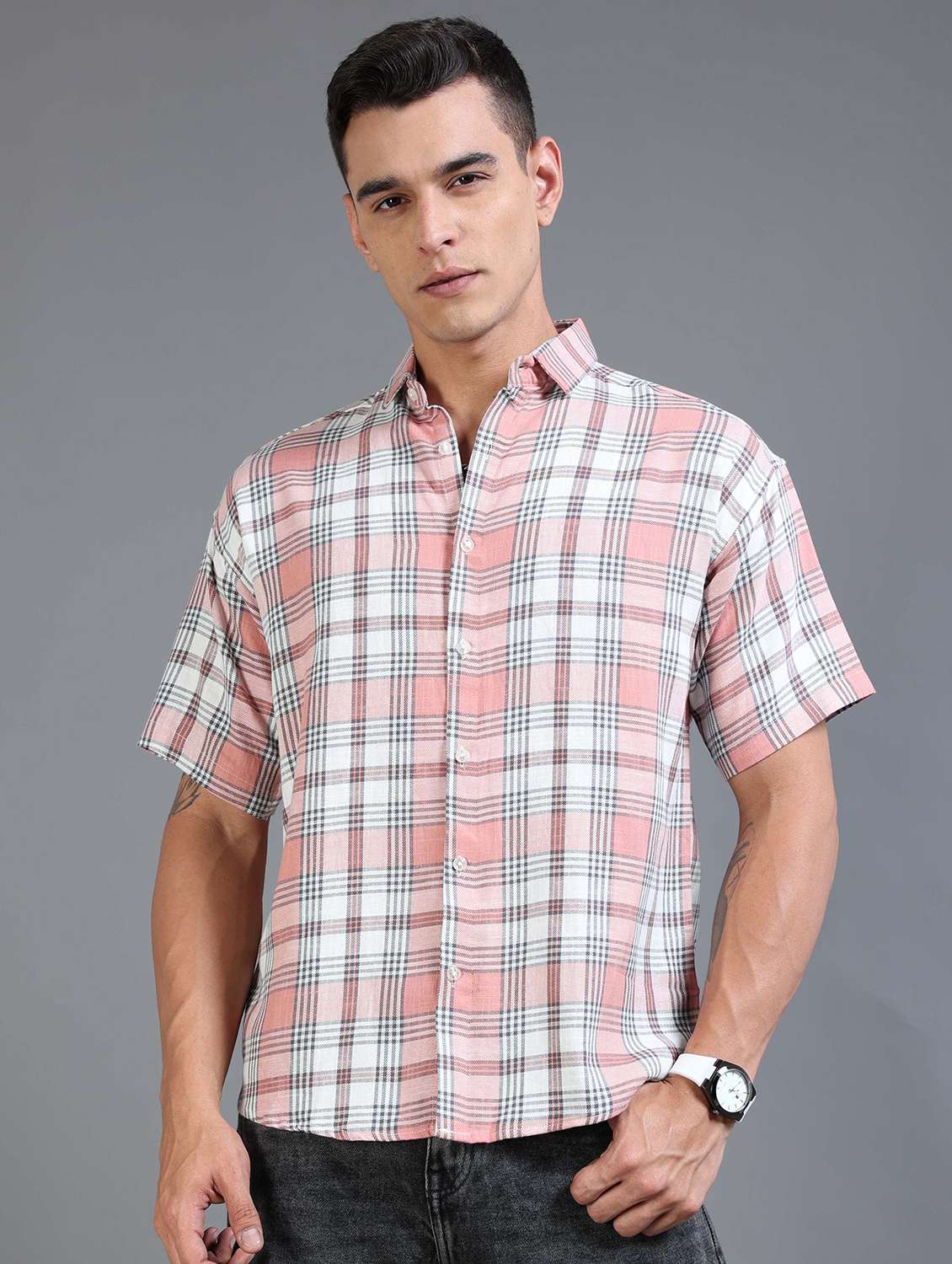 men checkered short sleeve oversized casual shirt - 22142775 - Standard Image - 1