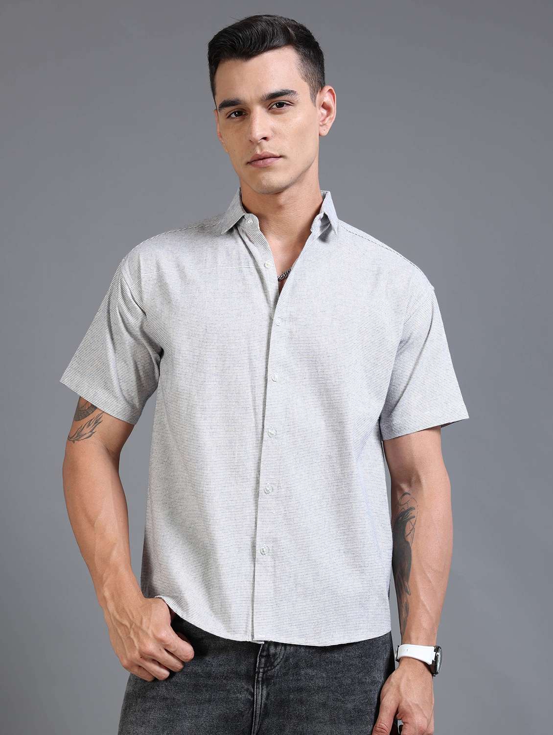men striped short sleeve oversized casual shirt - 22142776 - Standard Image - 1