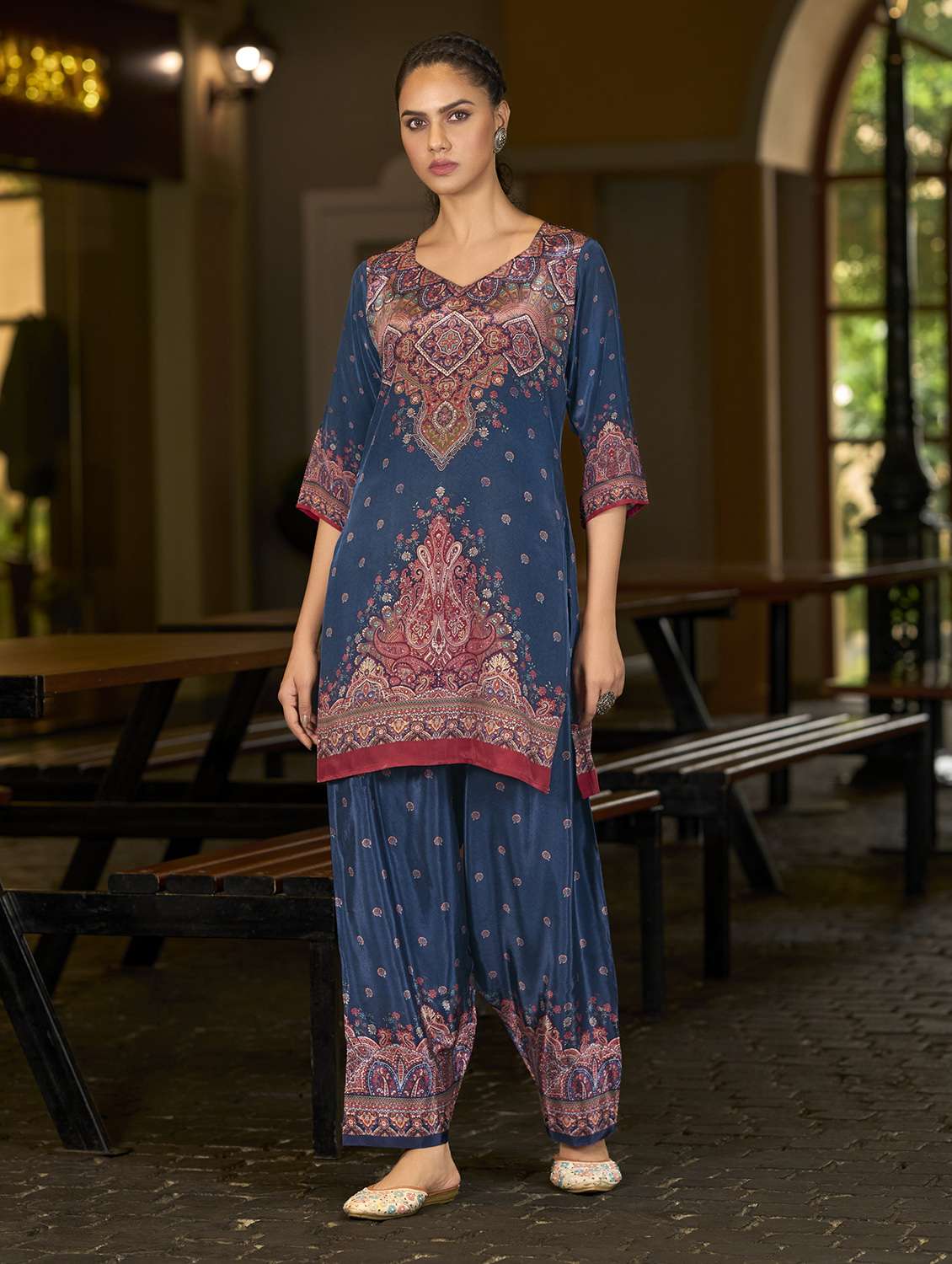 women printed three quarter sleeve co-ord set