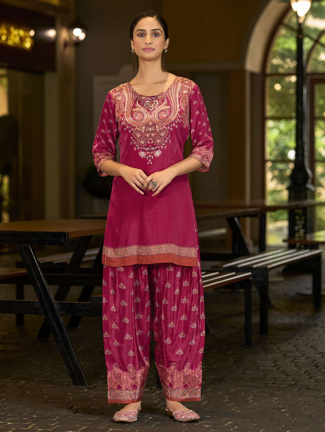 women printed three quarter sleeve co-ord set - 22142877 - Standard Image - 1