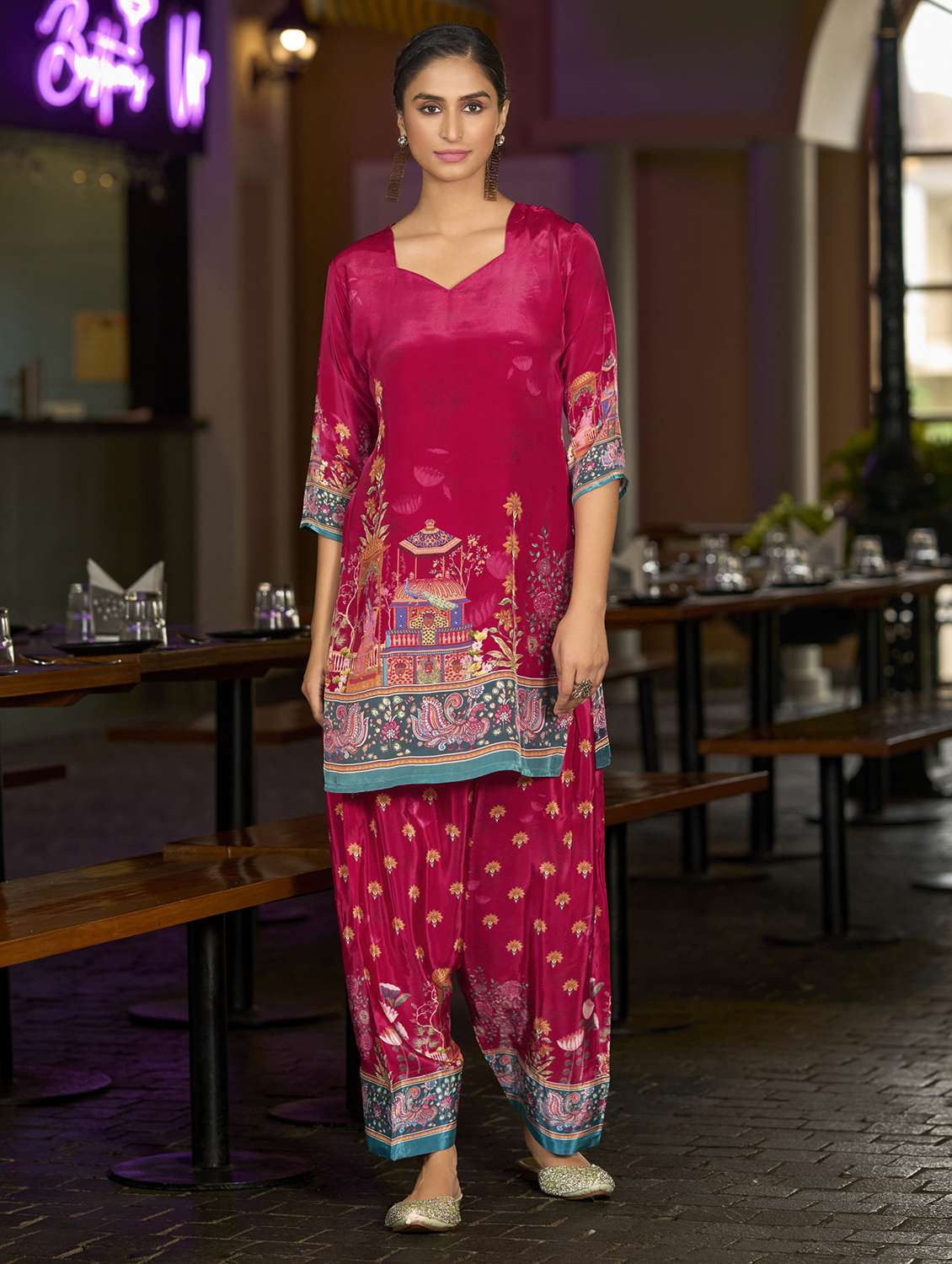 women printed three quarter sleeve co-ord set