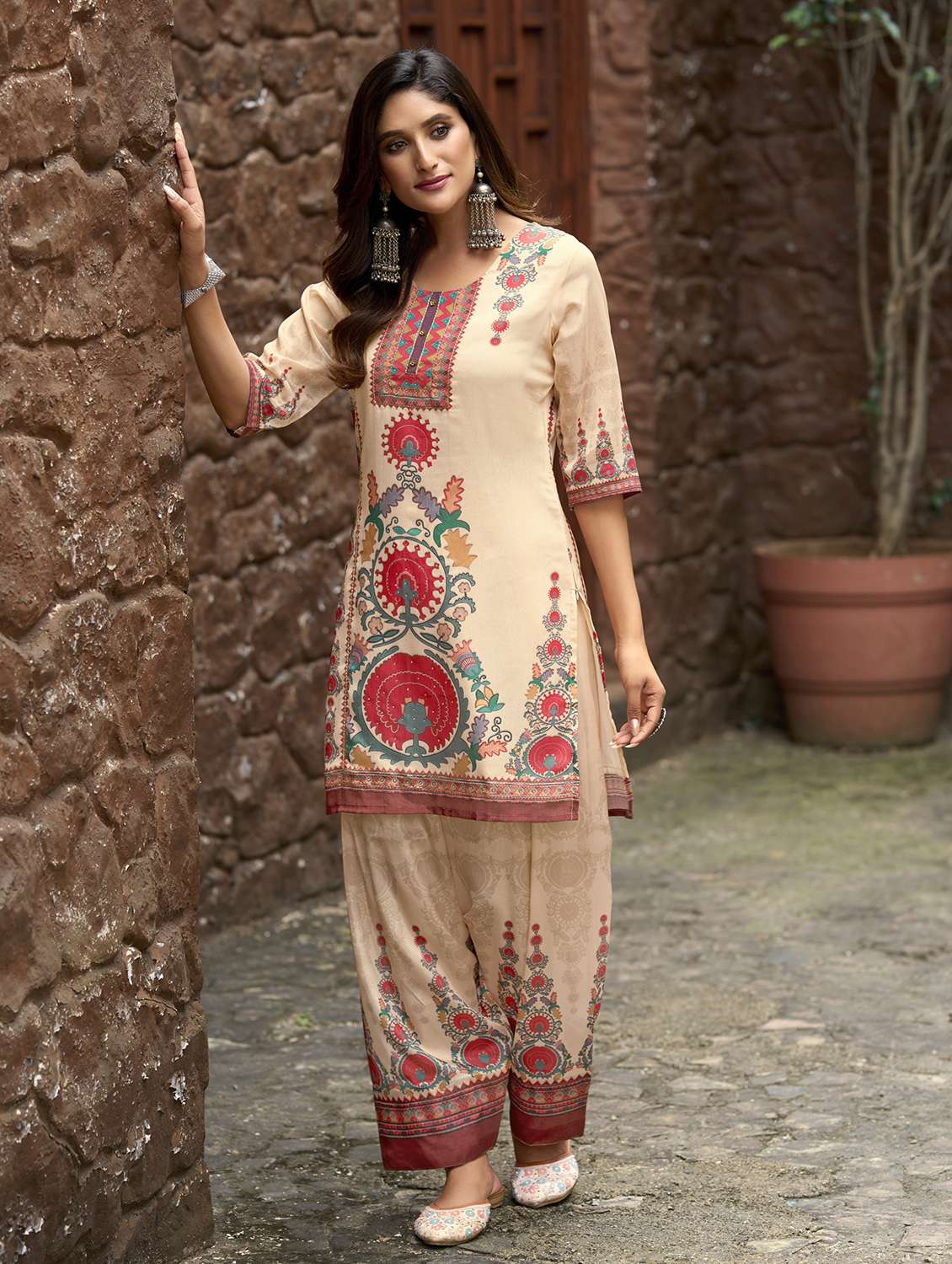 women printed three quarter sleeve co-ord set - 22142885 -  Standard Image - 1