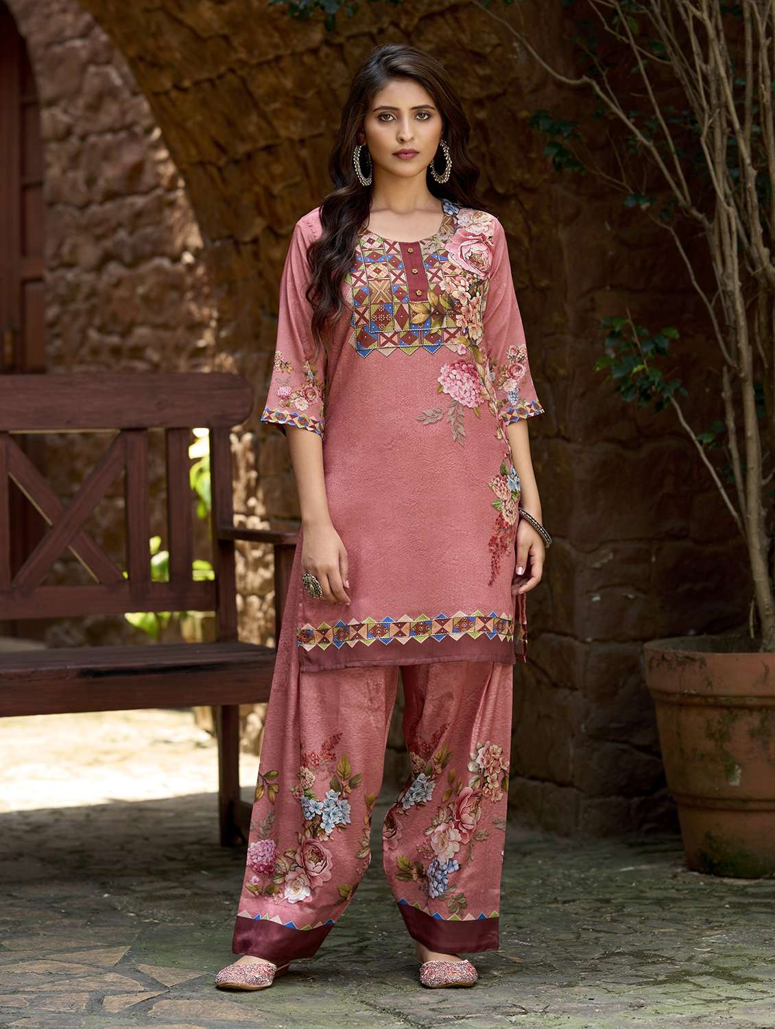 women printed three quarter sleeve co-ord set - 22142886 - Standard Image - 1