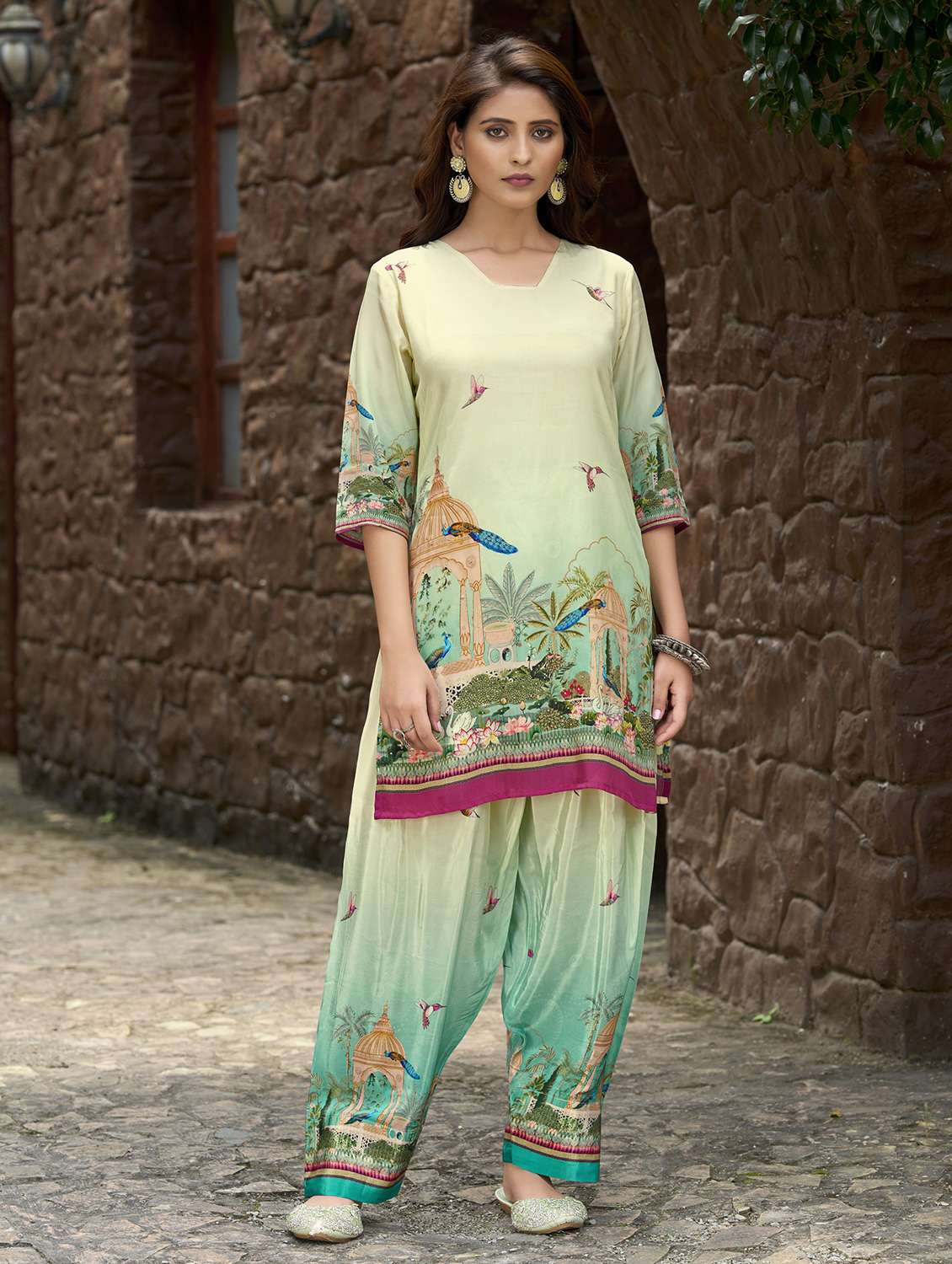 women printed three quarter sleeve co-ord set