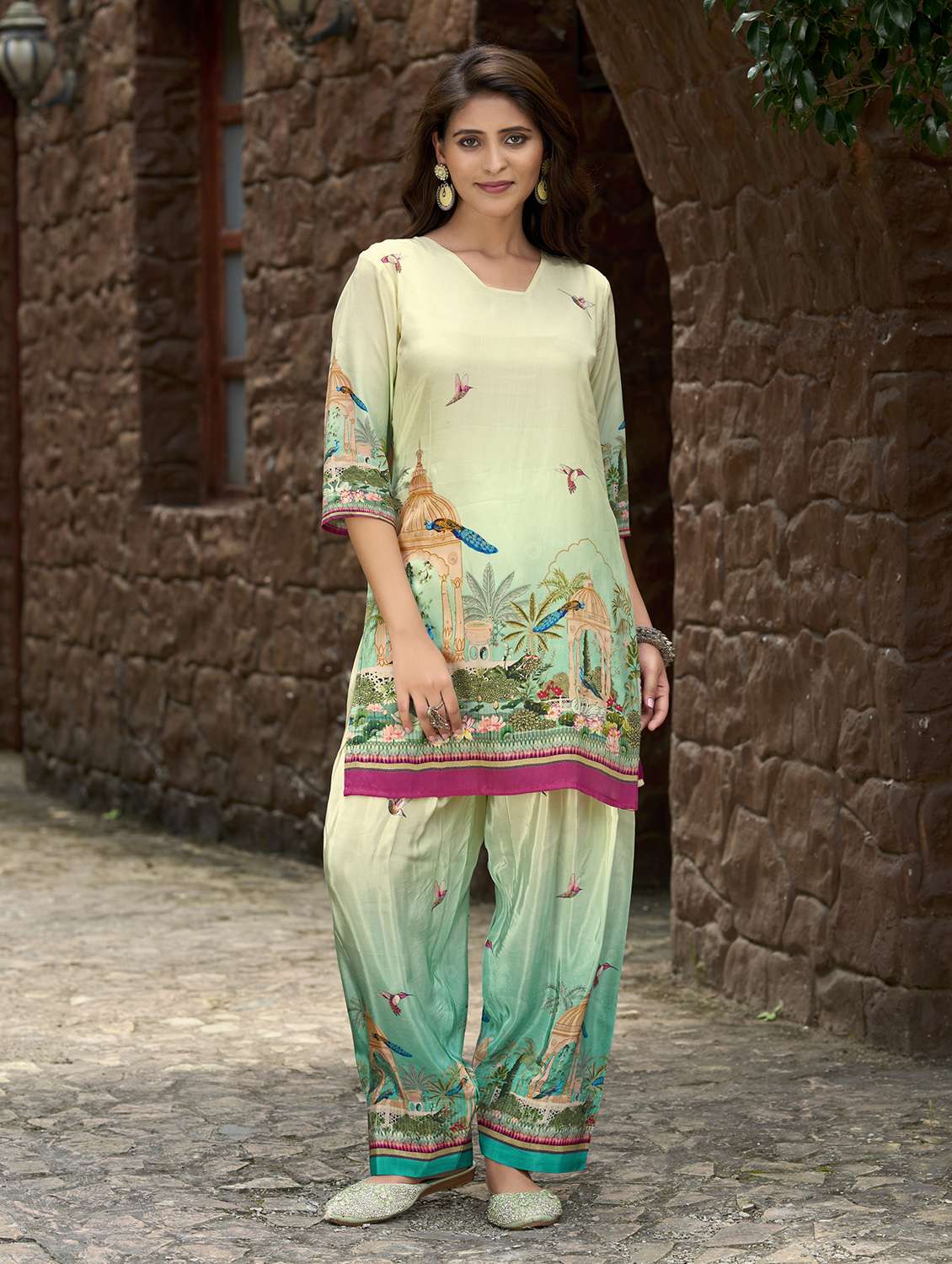 women printed three quarter sleeve co-ord set - 22142893 -  Standard Image - 1