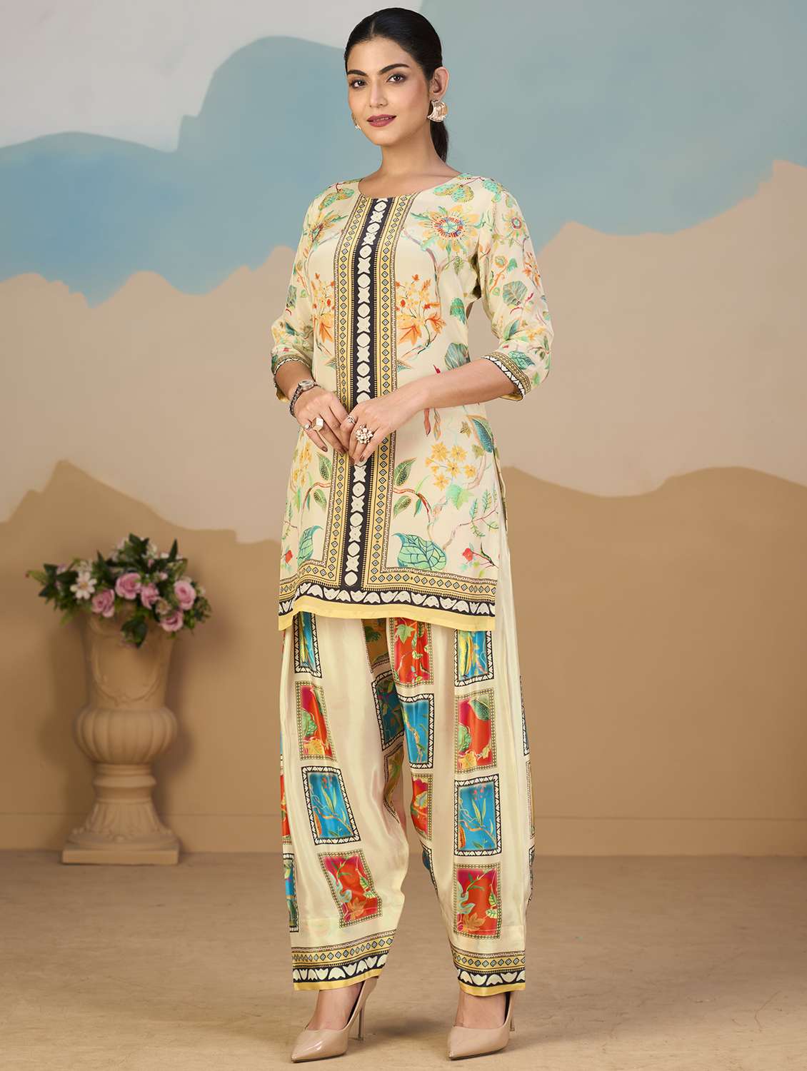 women printed three quarter sleeve co-ord set - 22142894 - Standard Image - 1