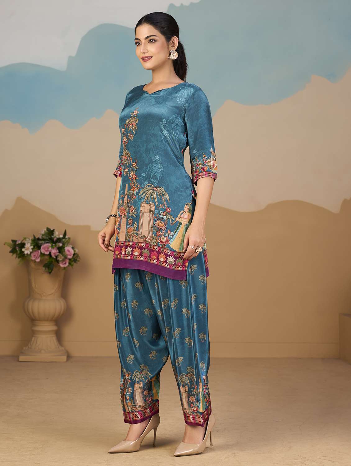 women printed three quarter sleeve co-ord set - 22142895 -  Standard Image - 1