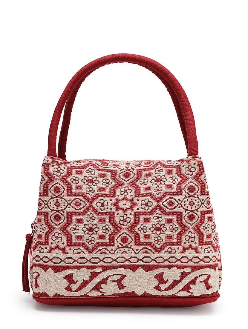 maroon cotton jacquard geometric handheld bag - 22143032 -  Standard Image - 1