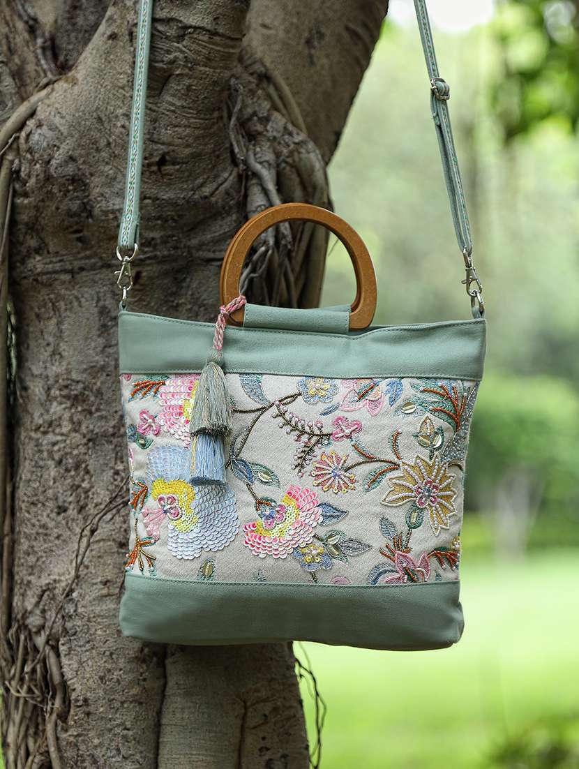 floral embroidered handbag with wooden handles