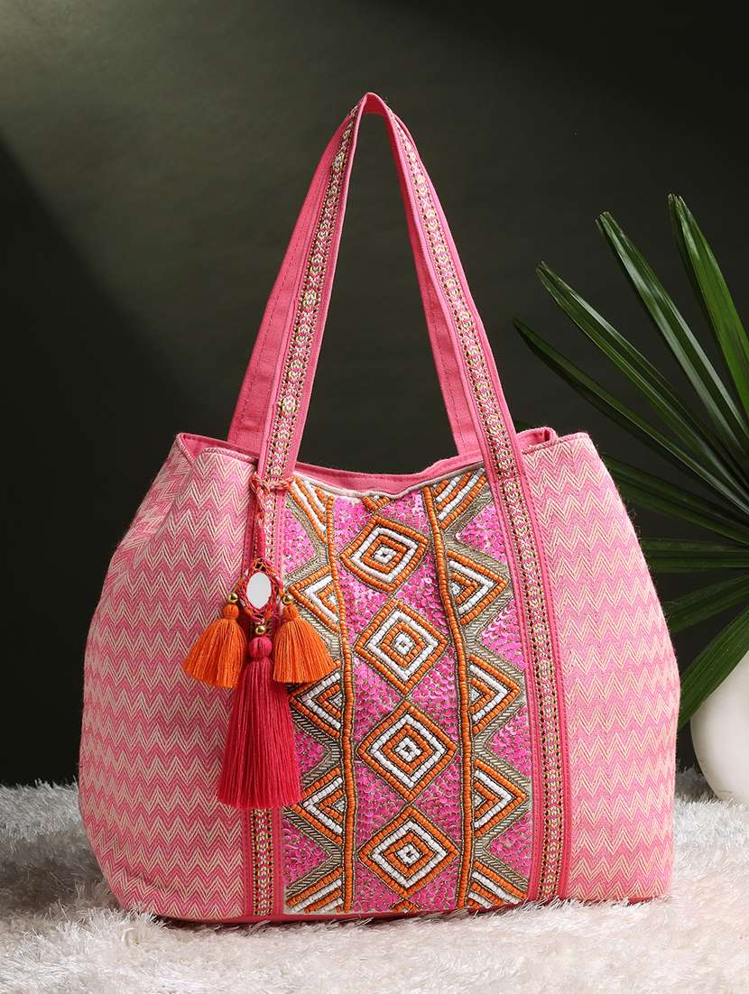 embroidered cotton hobo bag with tassels
