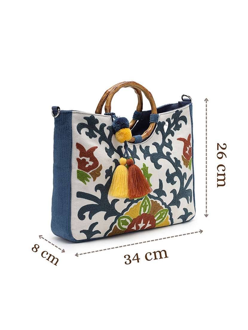 floral embroidered canvas handheld bag with tassels - 22143040 -  Standard Image - 4