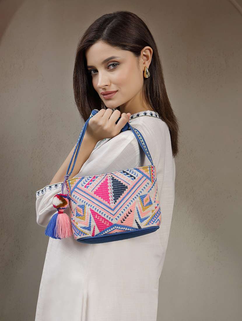 cotton jacquard sling bag with pompom tassel - 22143042 -  Standard Image - 4