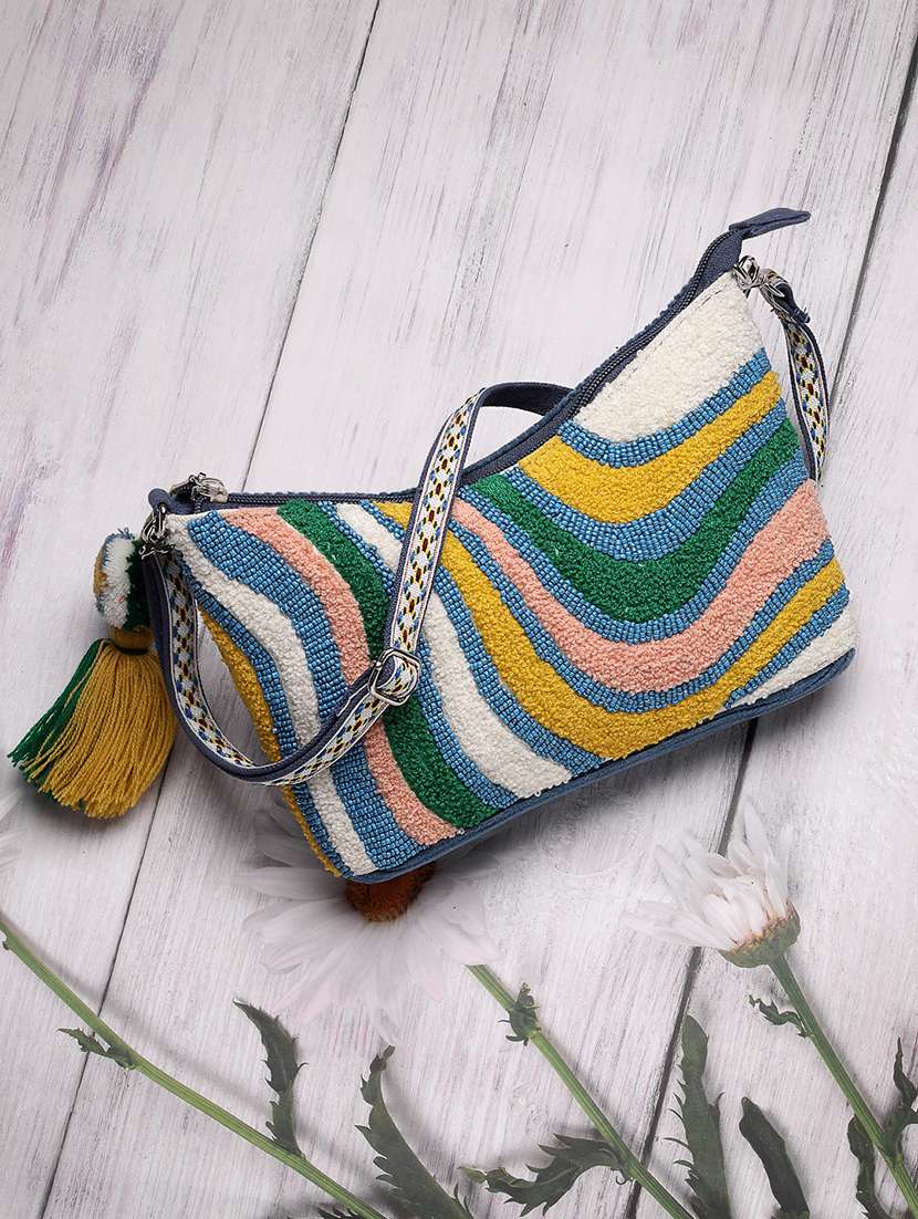 abstract multicolor sling bag with embroidered details