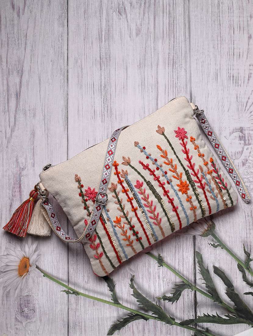 floral embroidered cotton sling bag with tassels