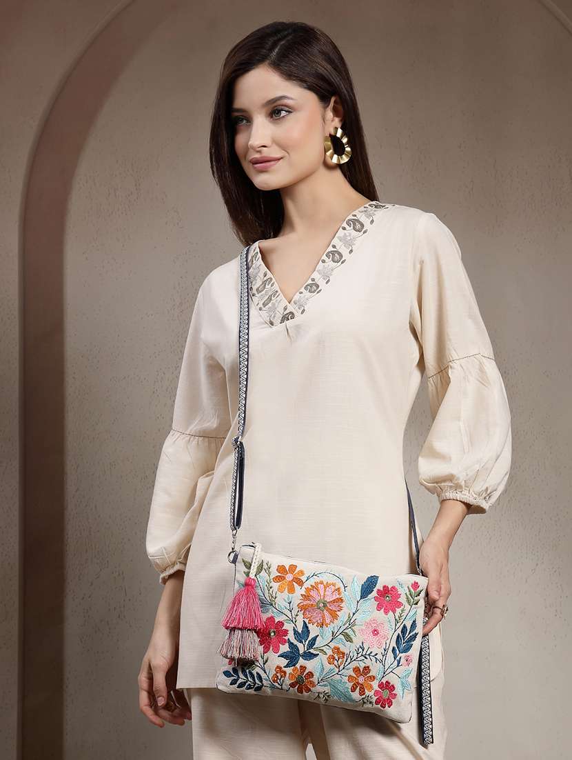 floral embroidery canvas sling bag for women - 22143045 -  Standard Image - 6