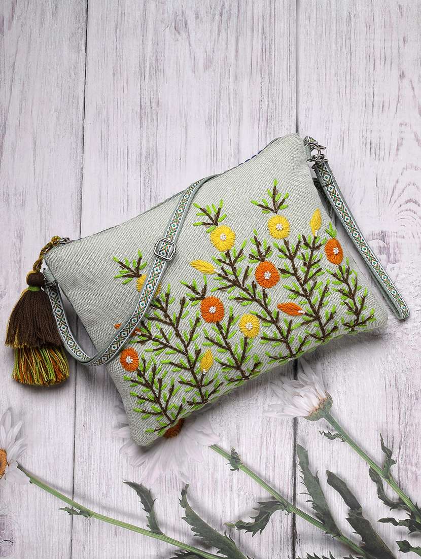 floral embroidered cotton canvas sling bag