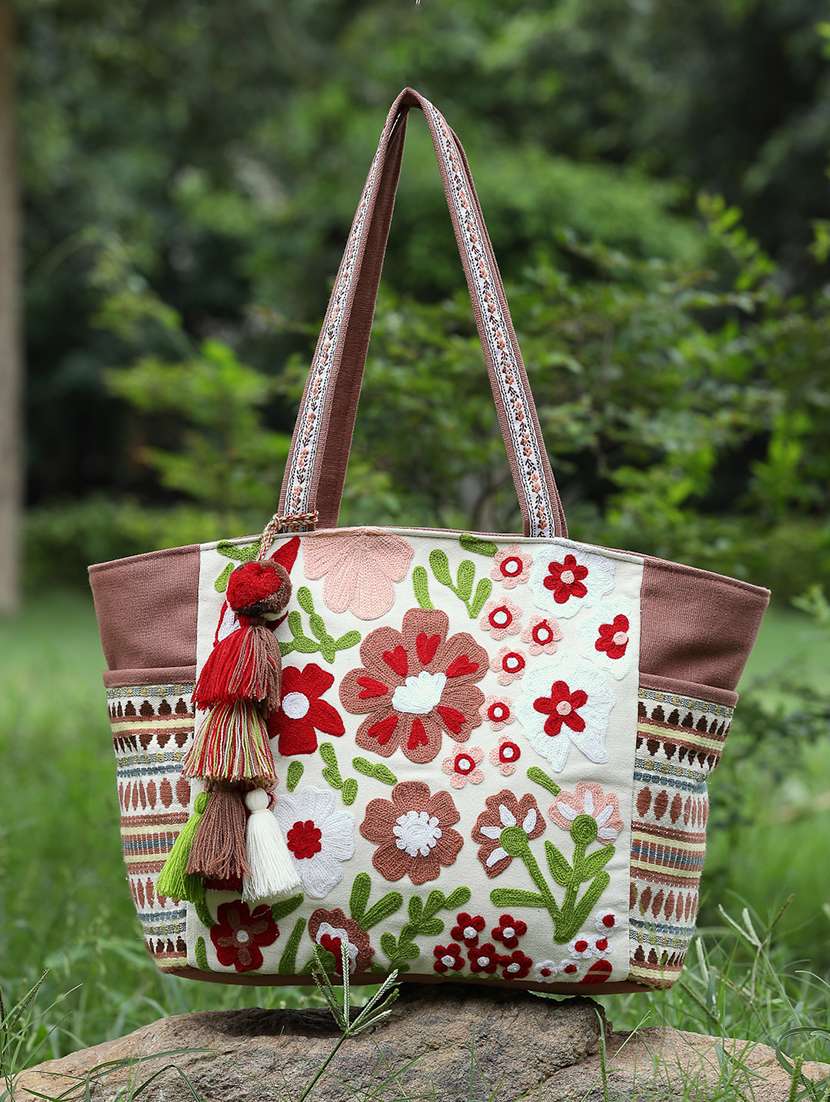 floral embroidery cotton acrylic jacquard elegant tote