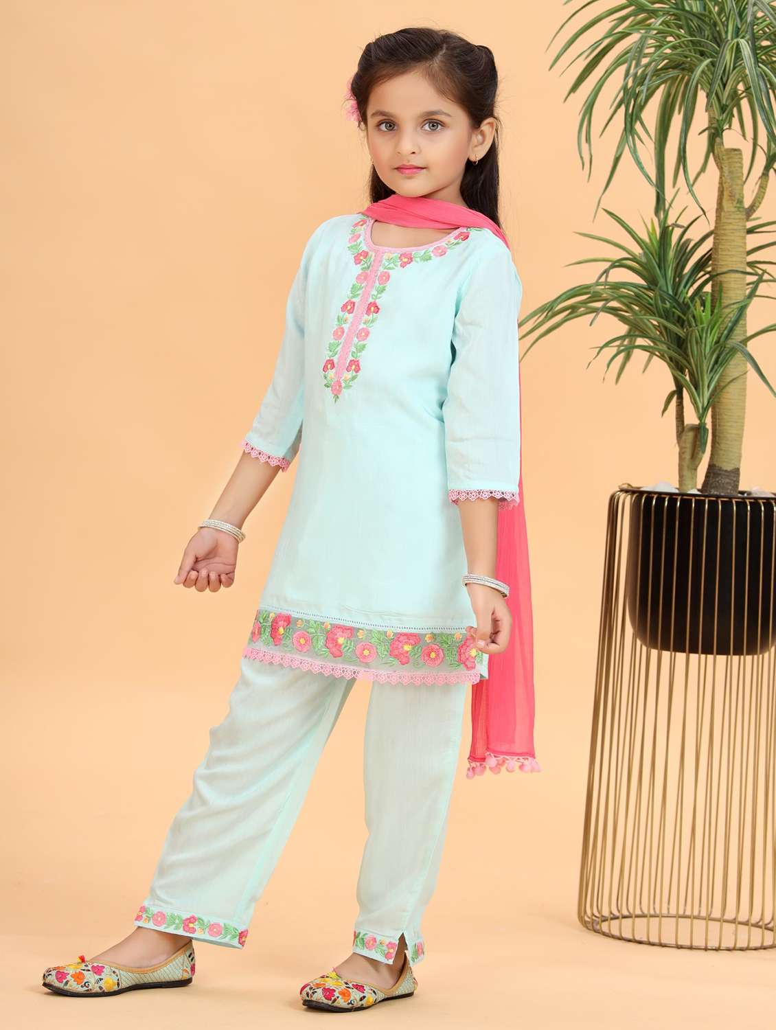 girls embroidered kurta and pant with dupatta set - 22143109 -  Standard Image - 1