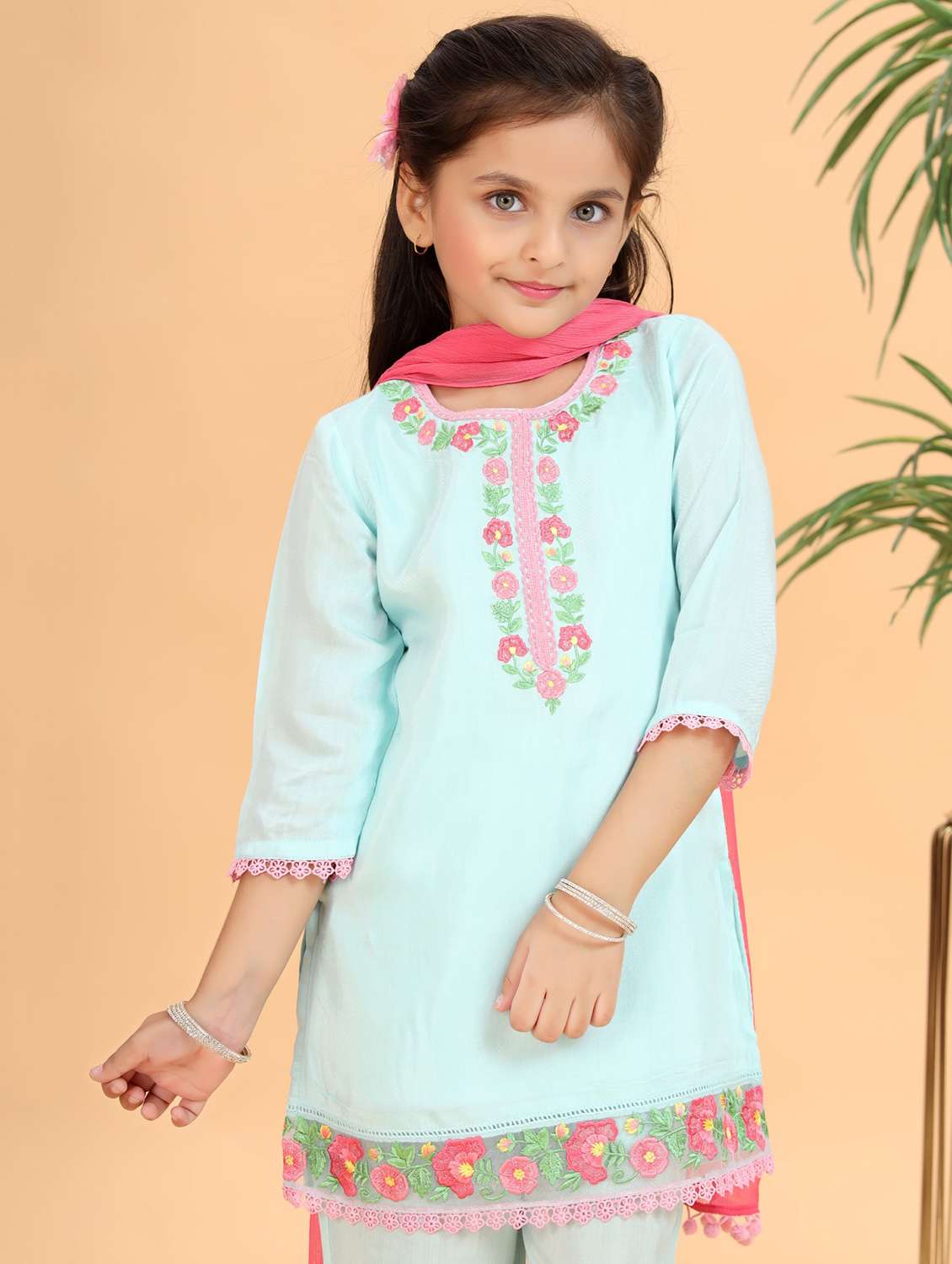 girls embroidered kurta and pant with dupatta set - 22143109 -  Standard Image - 4