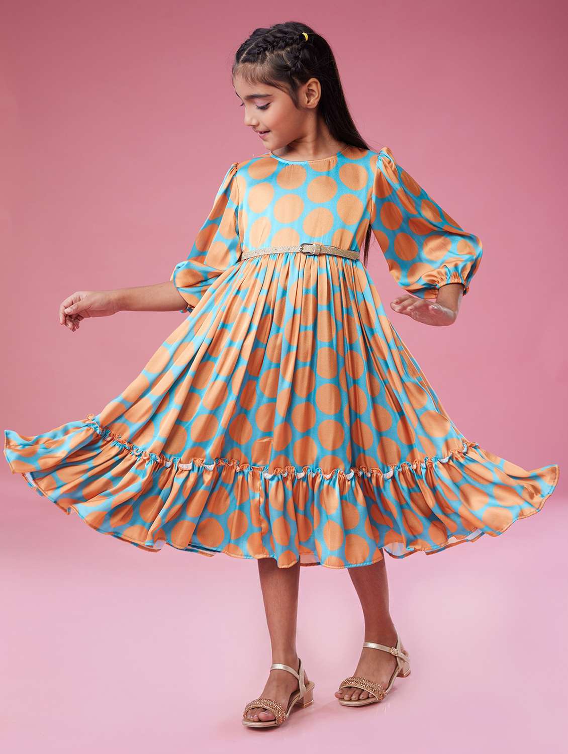 girls polka doted puff sleeve tiered fit & flare dress - 22143117 - Standard Image - 1