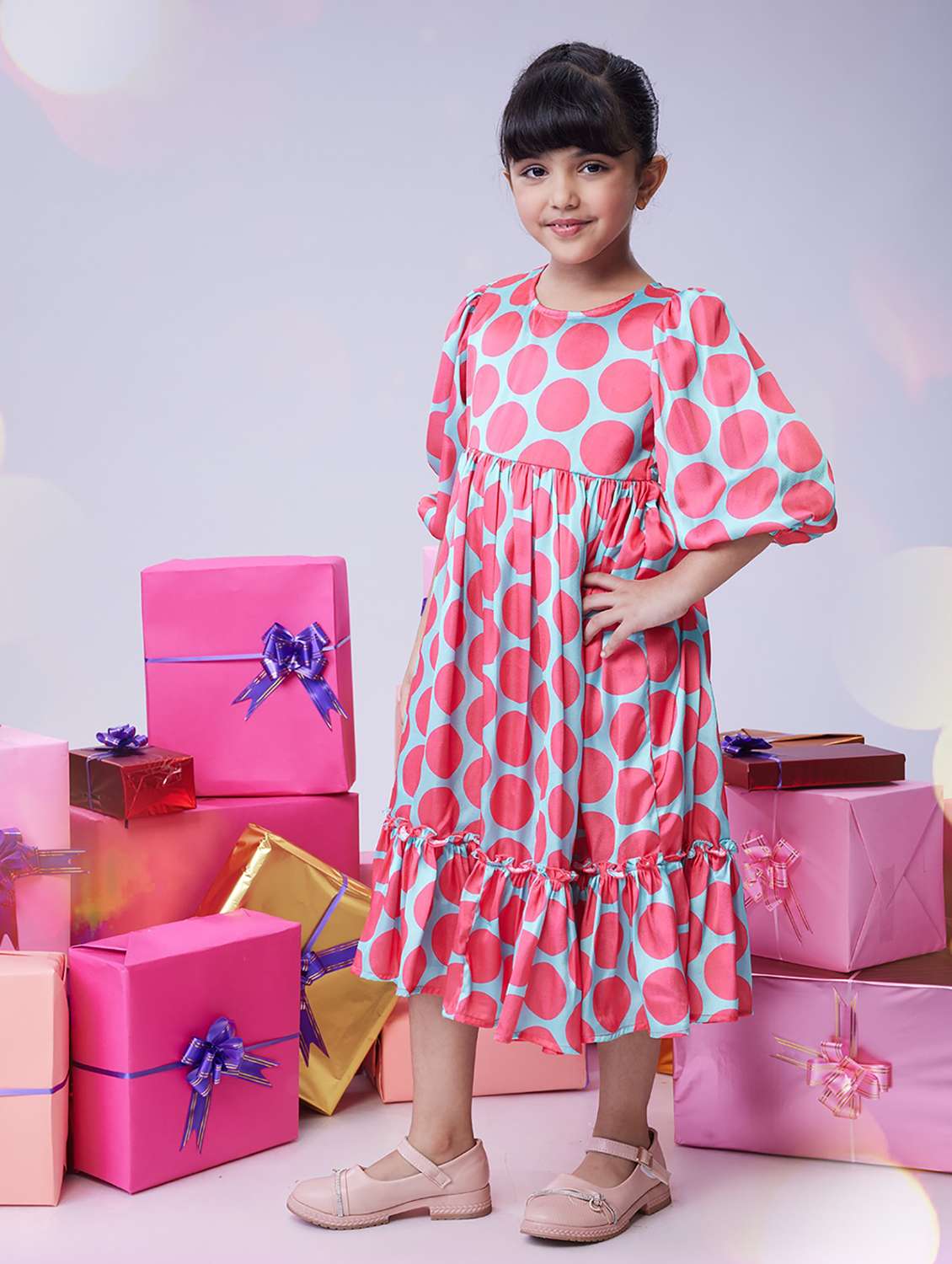 girls polka doted puff sleeve tiered dress - 22143148 -  Standard Image - 1