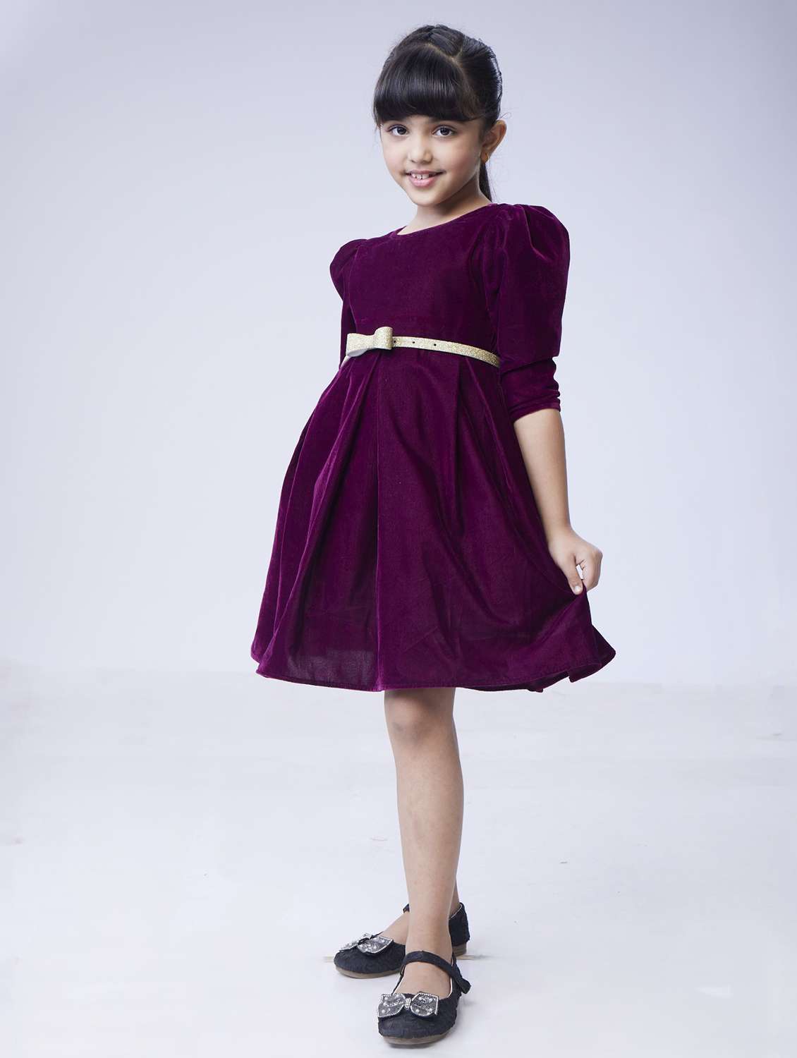 girls solid puff sleeve fit & flared dress - 22143150 - Standard Image - 1