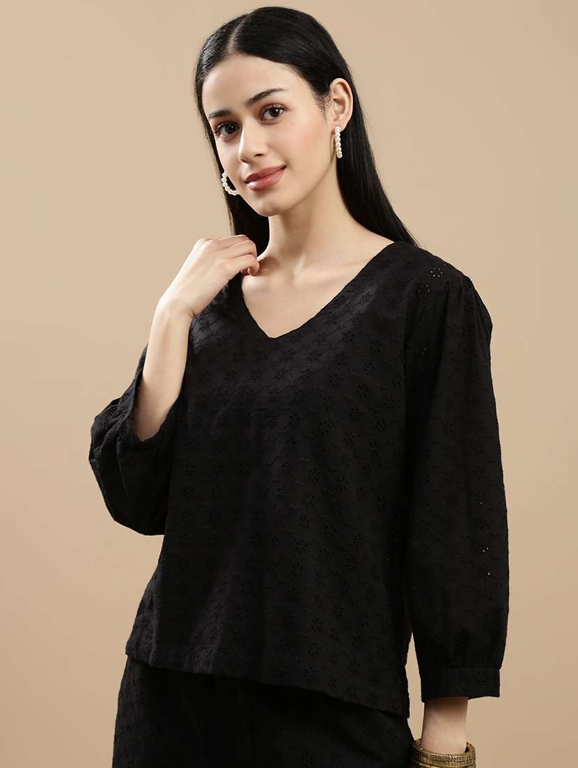 women black solid puff sleeve top - 22143264 -  Standard Image - 1