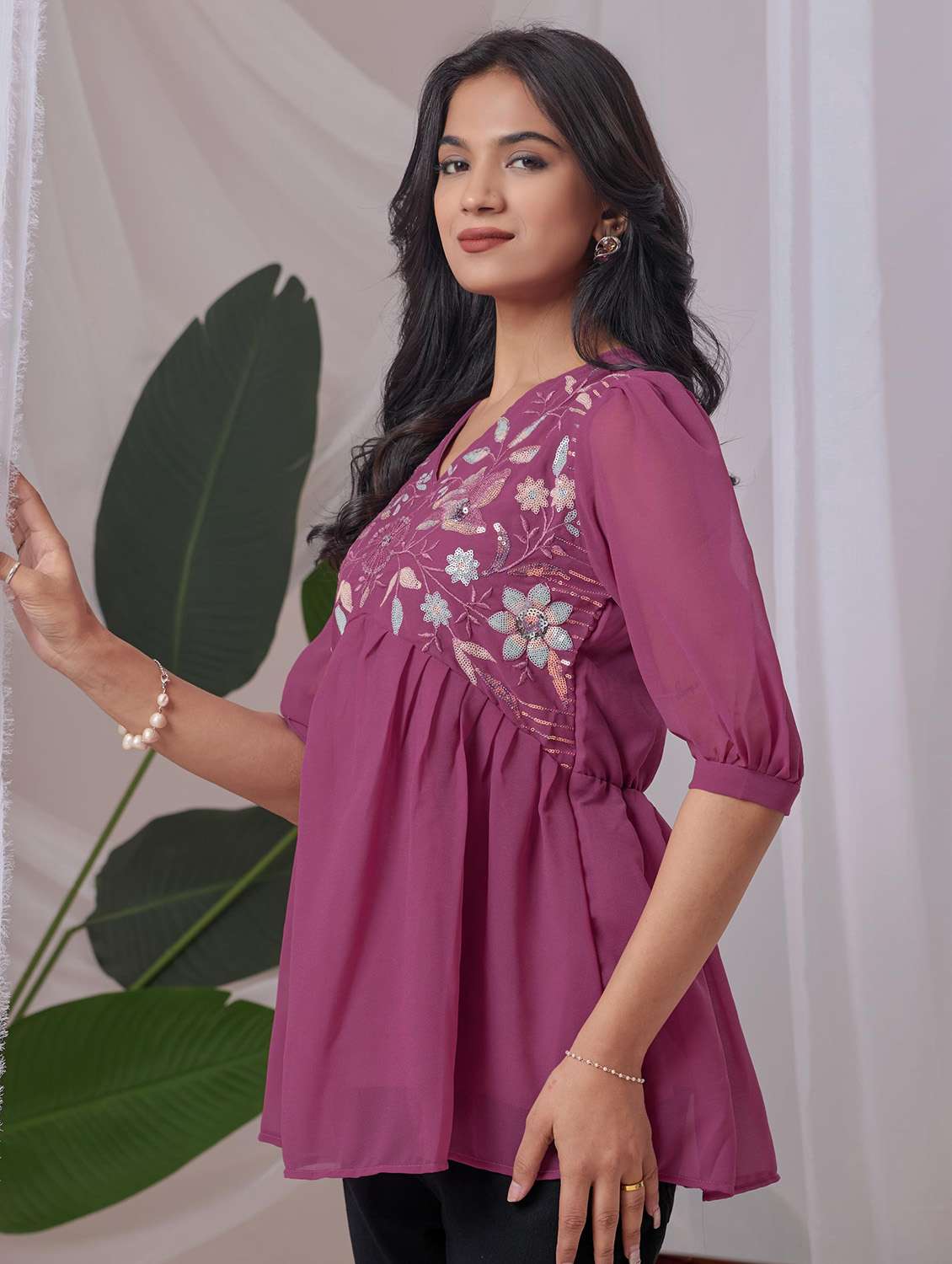 women embroidered puff sleeve a line top - 22143323 - Standard Image - 1