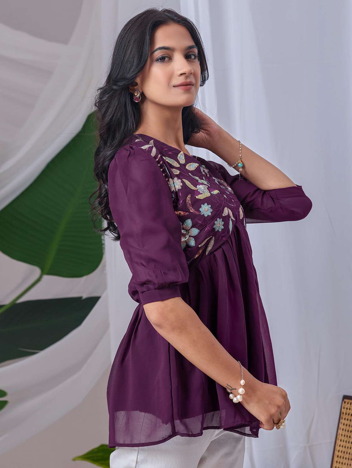women embroidered puff sleeve a line top - 22143325 - Standard Image - 1