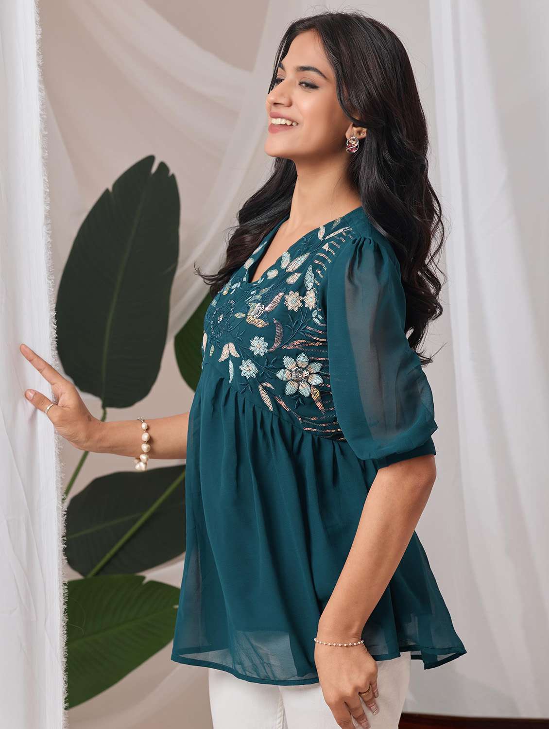 women embroidered puff sleeve a line top - 22143326 - Standard Image - 1