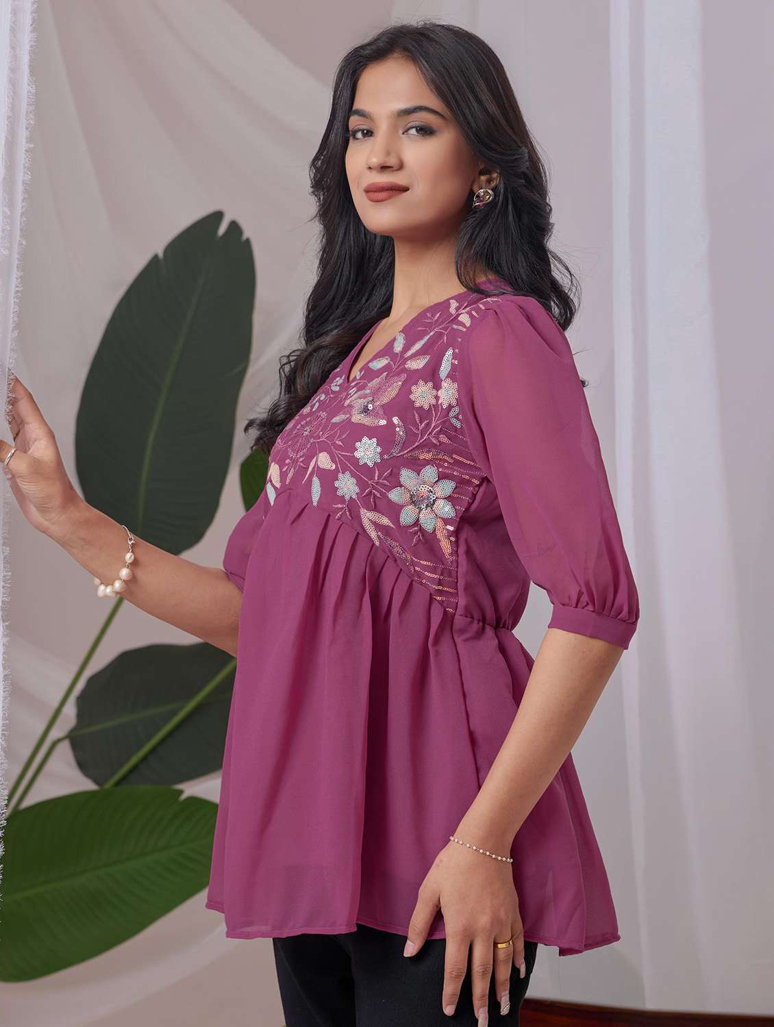 women embroidered puff sleeve a line top - 22143327 -  Standard Image - 1
