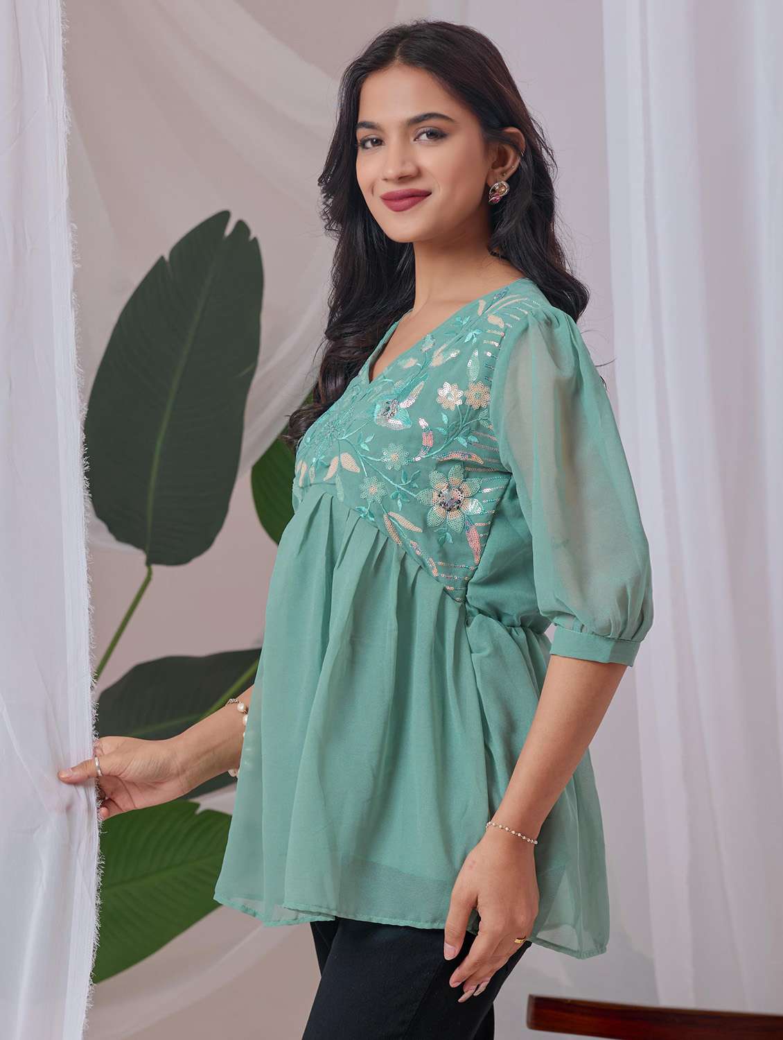 women embroidered puff sleeve a line top - 22143328 - Standard Image - 1