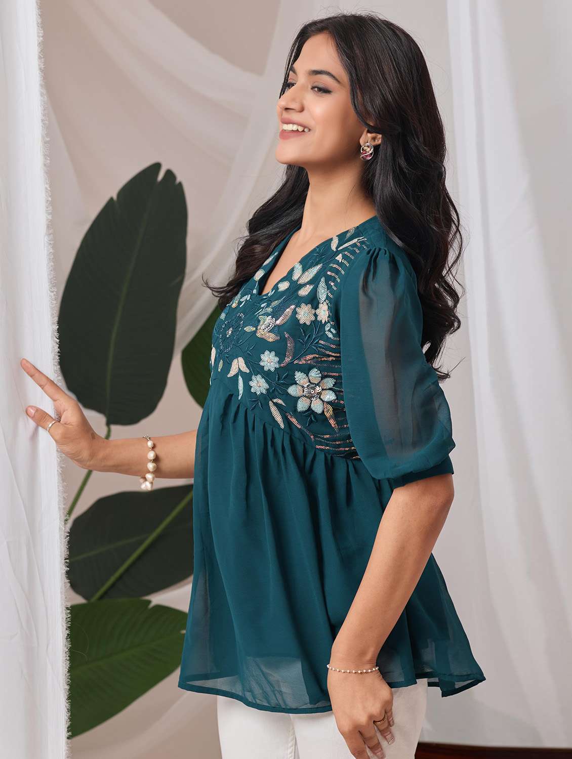 women embroidered puff sleeve a line top - 22143329 - Standard Image - 1
