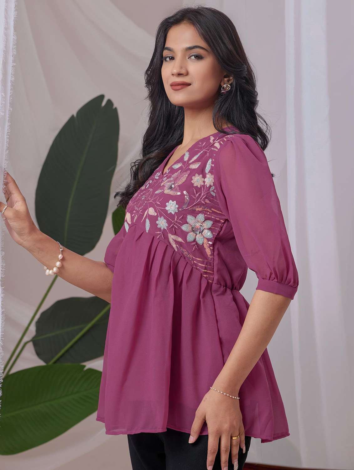 women embroidered puff sleeve a line top - 22143330 - Standard Image - 1