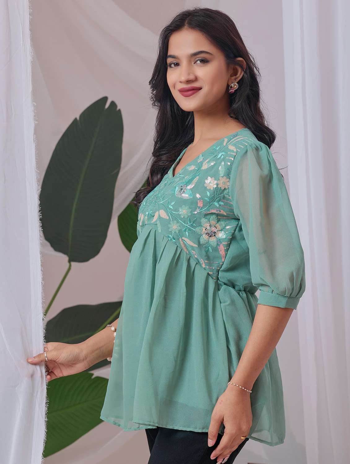 women embroidered puff sleeve a line top - 22143331 - Standard Image - 1