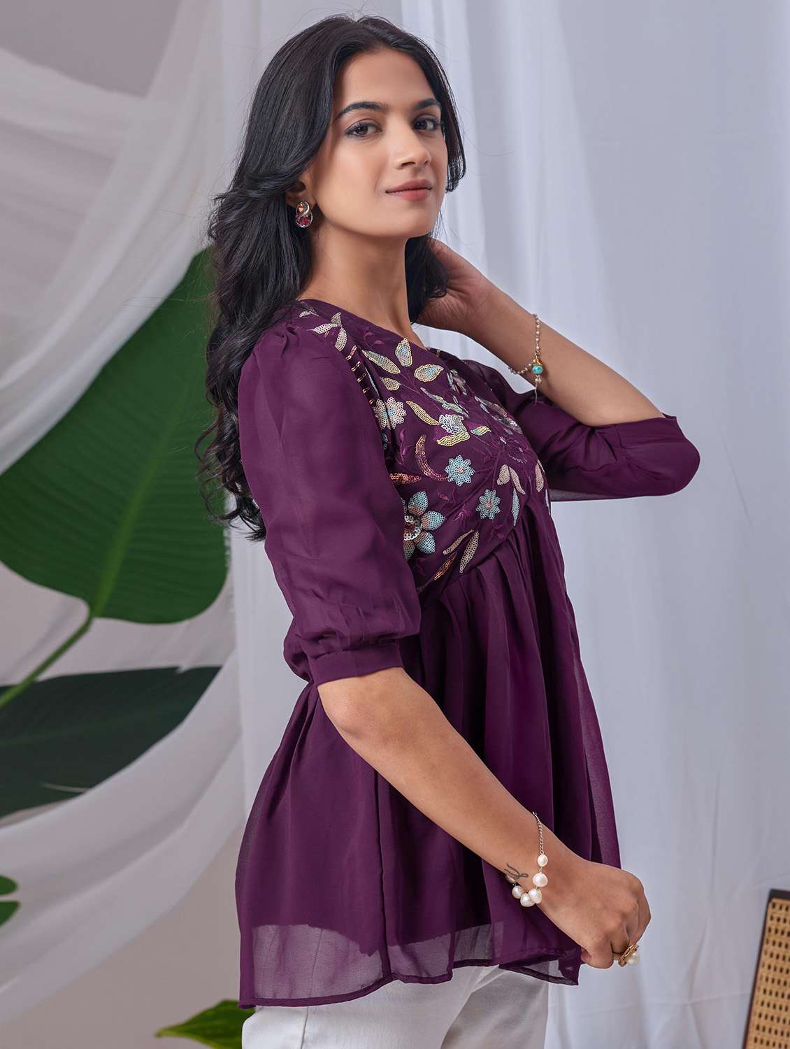 women embroidered puff sleeve a line top - 22143332 - Standard Image - 1