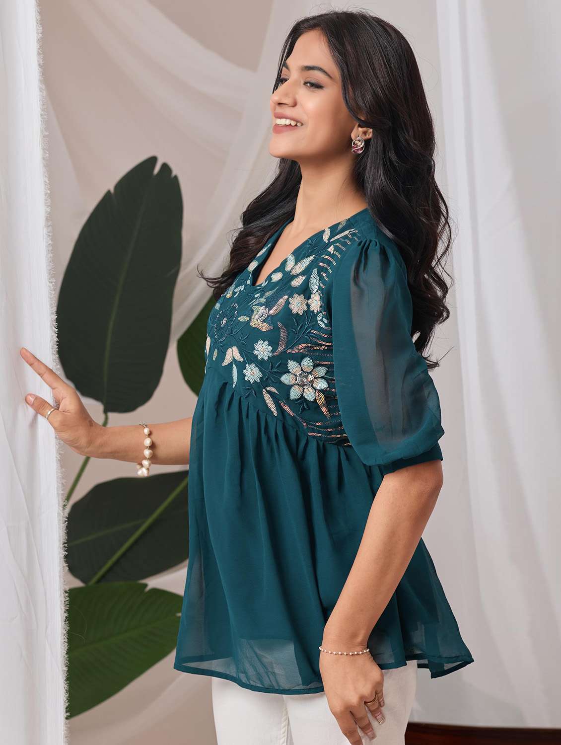women embroidered puff sleeve a line top - 22143333 - Standard Image - 1