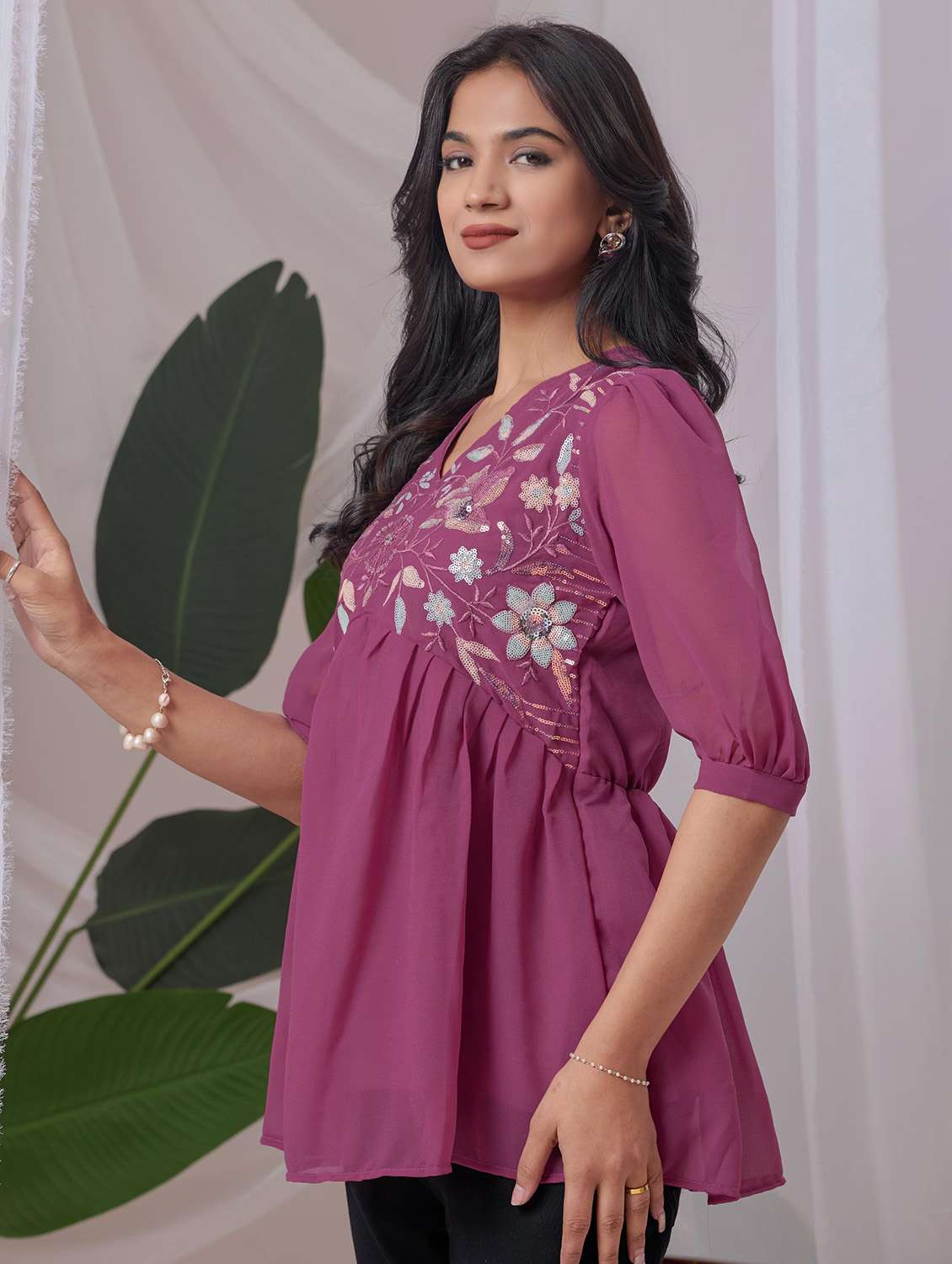 women embroidered puff sleeve a line top - 22143334 - Standard Image - 1