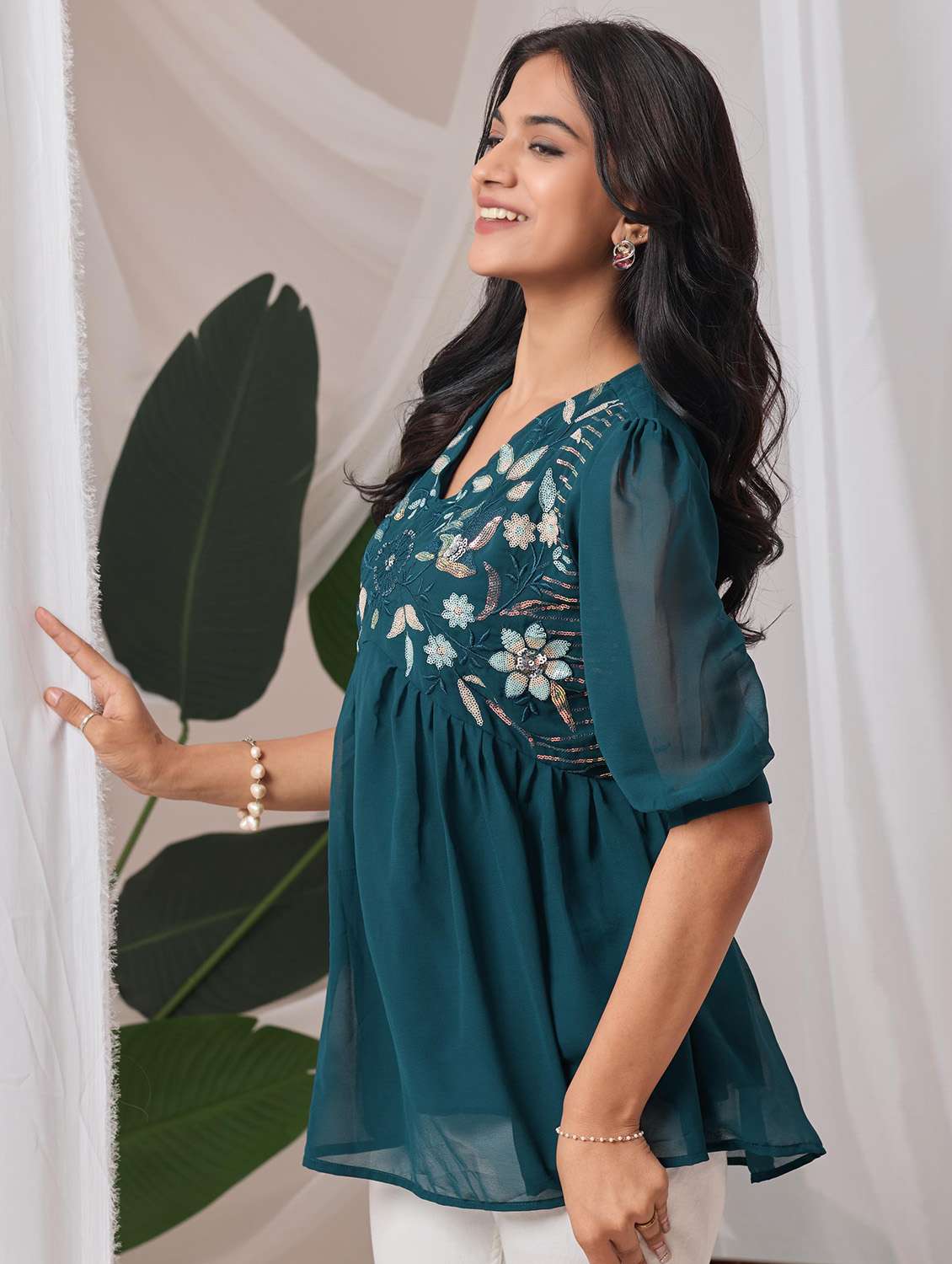 women embroidered puff sleeve a line top - 22143337 - Standard Image - 1