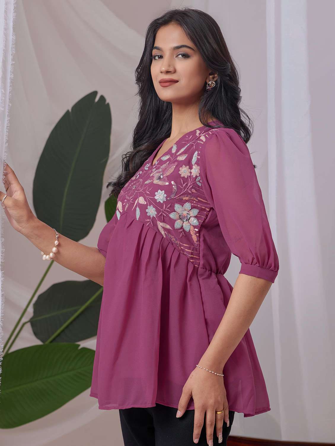 women embroidered puff sleeve a line top - 22143338 - Standard Image - 1