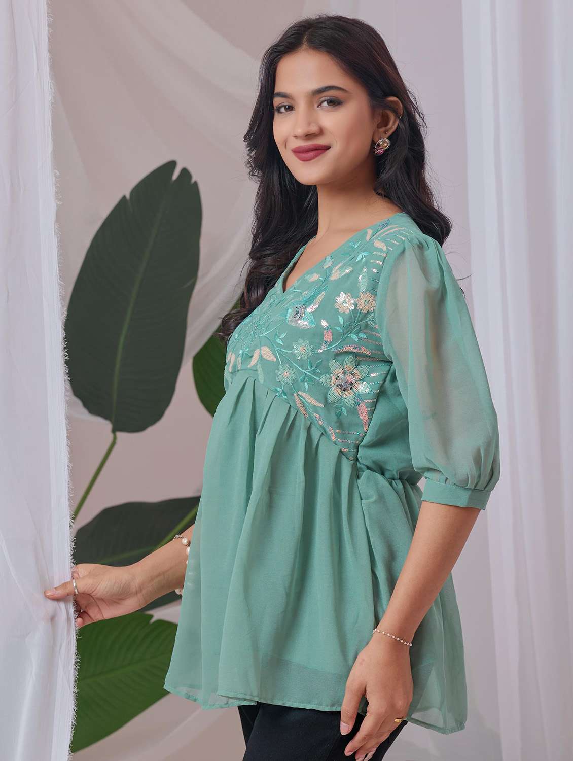 women embroidered puff sleeve a line top - 22143339 - Standard Image - 1
