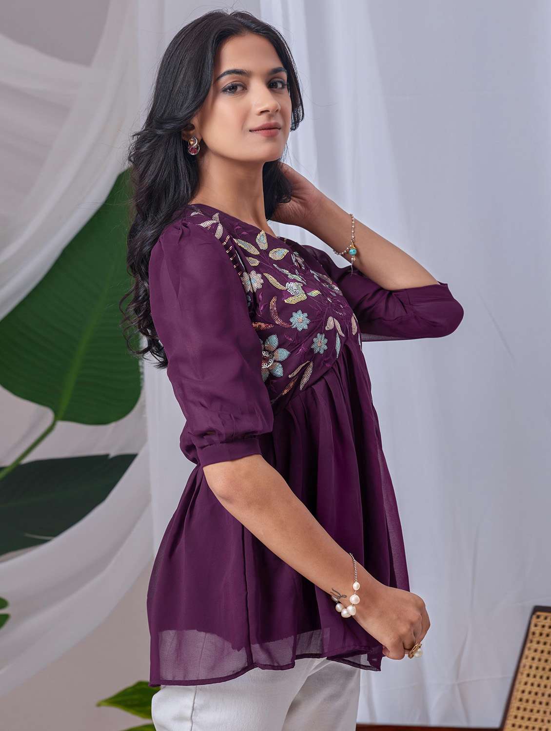 women embroidered puff sleeve a line top - 22143340 - Standard Image - 1