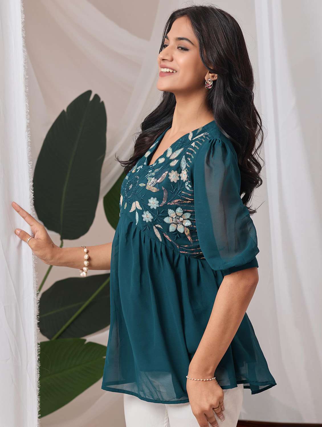 women embroidered puff sleeve a line top - 22143341 - Standard Image - 1