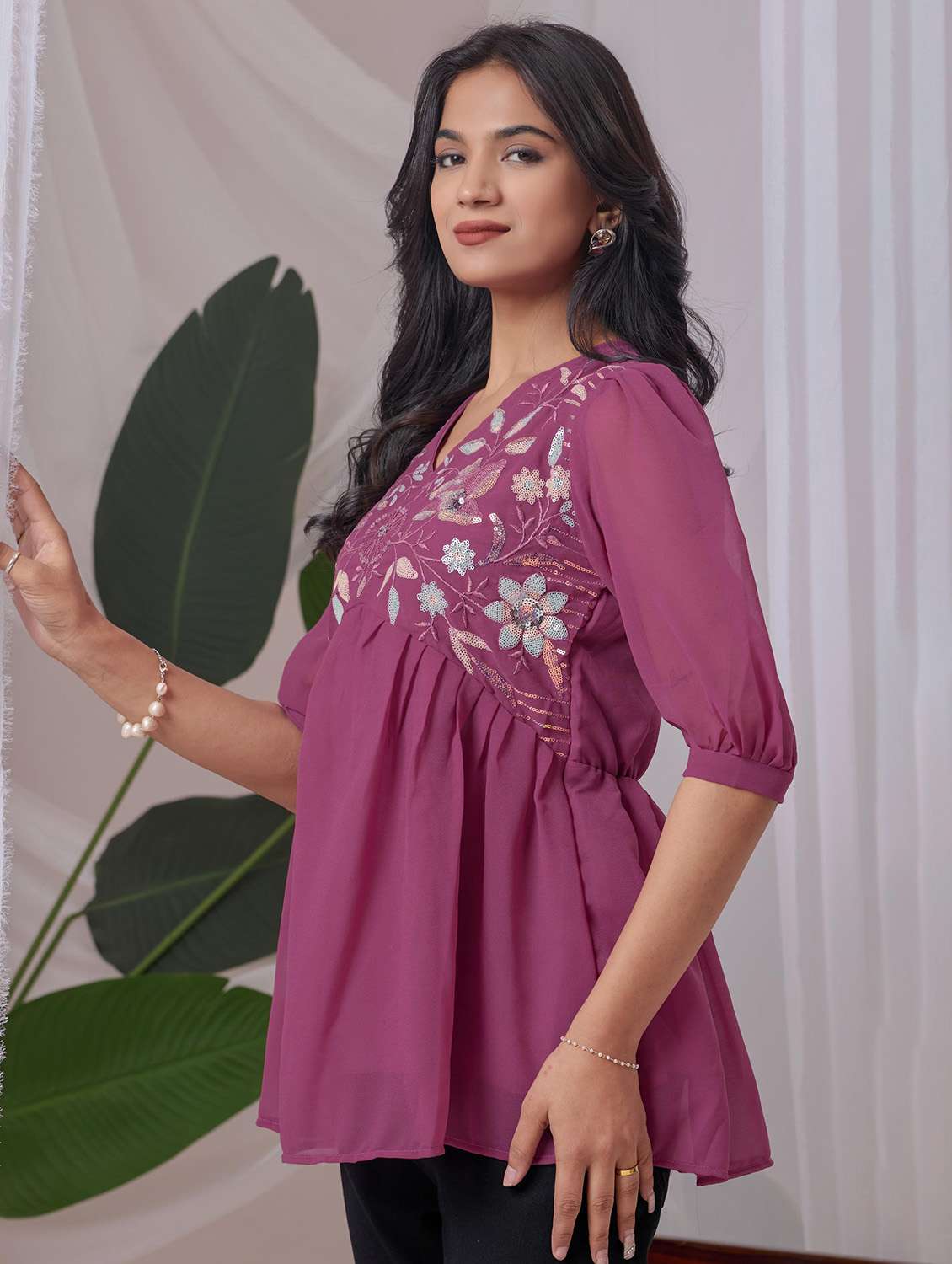 women embroidered puff sleeve a line top - 22143342 - Standard Image - 1