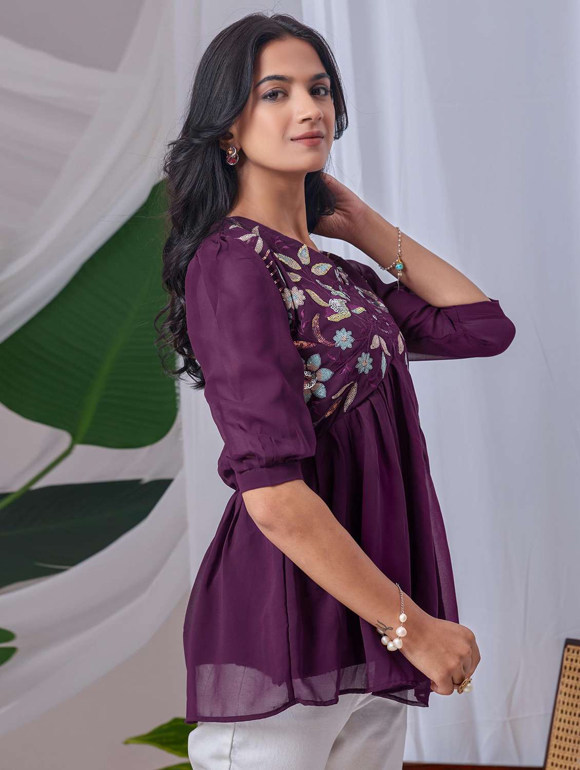 women embroidered puff sleeve a line top - 22143344 - Standard Image - 1