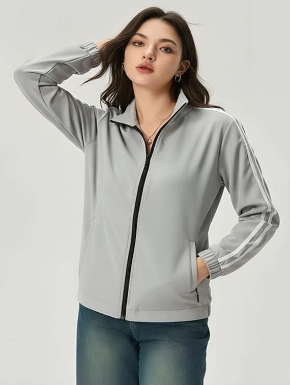 women solid stand collar long sleeve jacket - 22143719 - Standard Image - 1