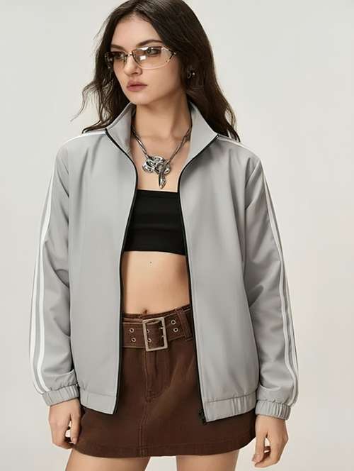 women solid stand collar long sleeve jacket - 22143720 -  Standard Image - 0