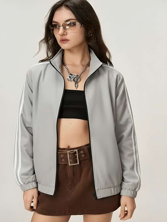 women solid stand collar long sleeve jacket