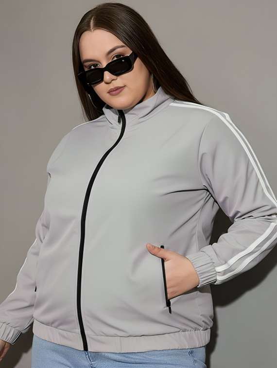 women solid stand collar long sleeve jacket