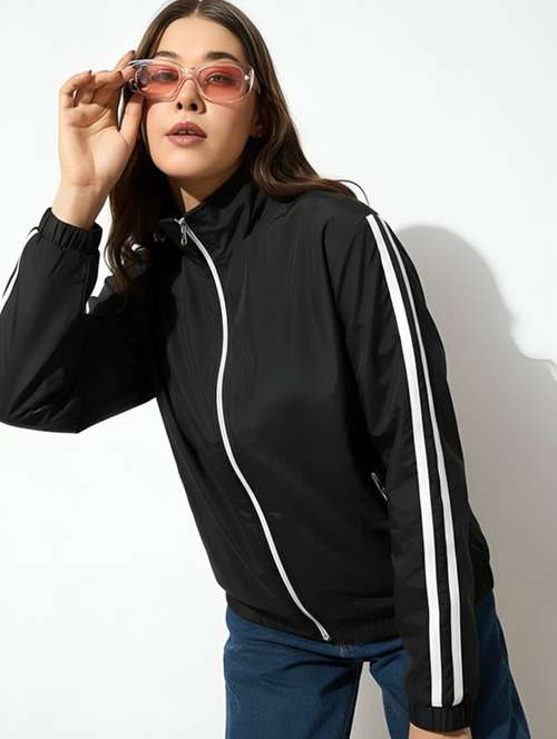 women solid stand collar long sleeve jacket - 22143743 - Standard Image - 0